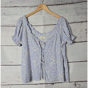 Capulet Womens Top Size Small Blue Floral Print Tie Front Ruffle Sleeve Boho